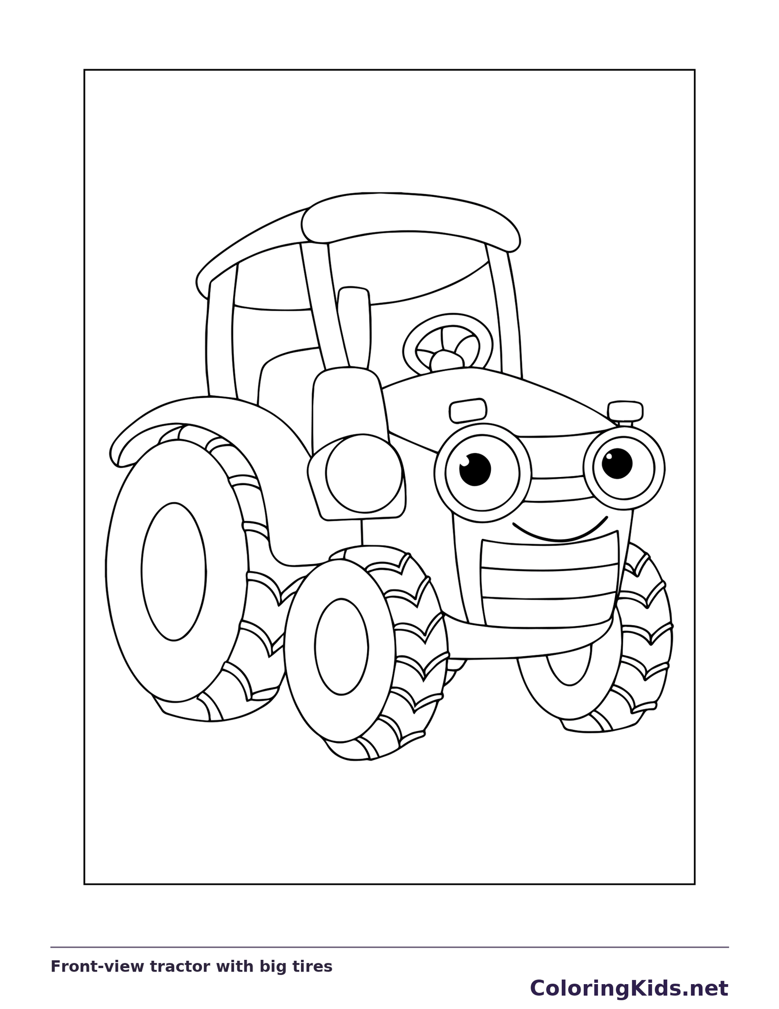 Black and white printable front-view tractor with big tires coloring sheet