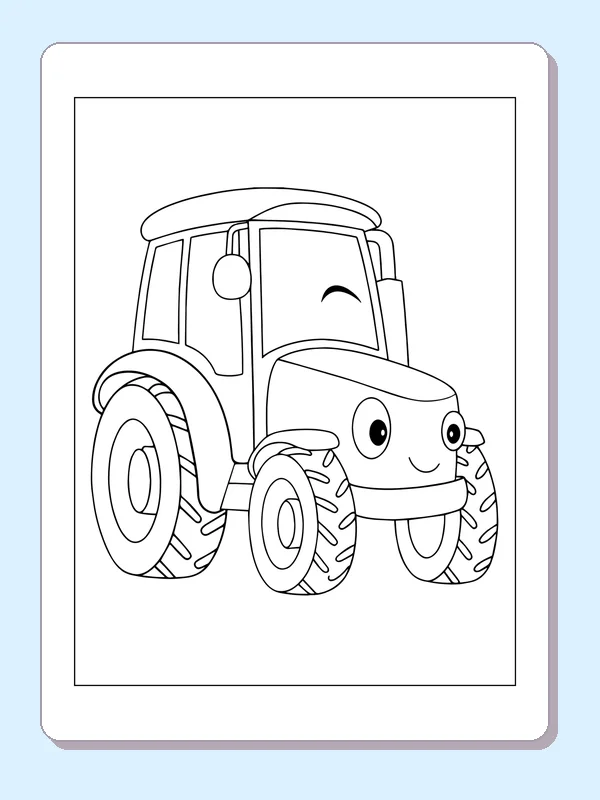 Black and white printable side-view tractor on the farm coloring sheet