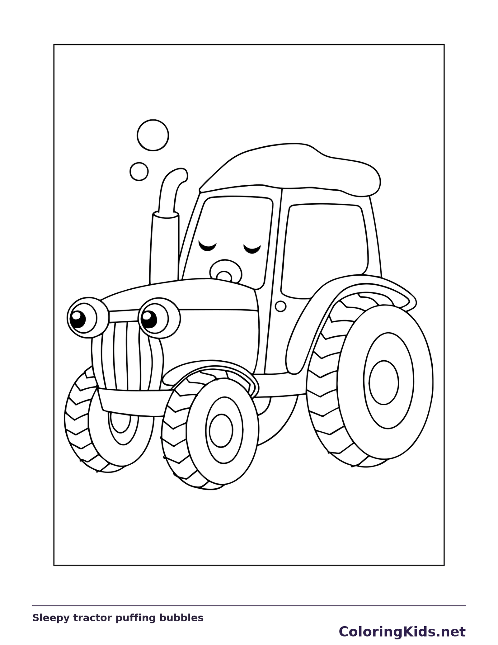 Black and white printable sleepy tractor puffing bubbles coloring sheet