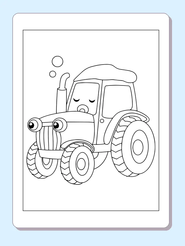 Black and white printable sleepy tractor puffing bubbles coloring sheet