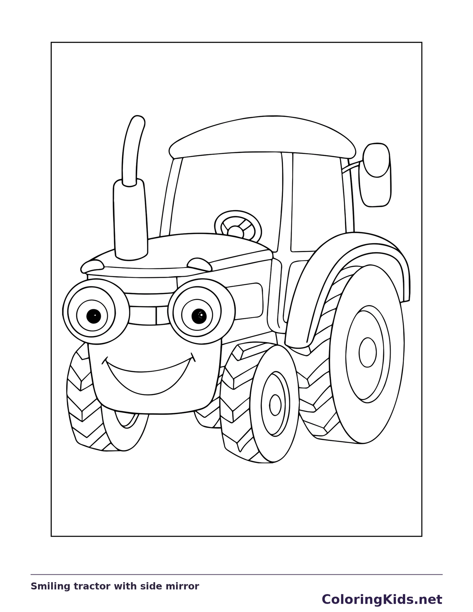 Black and white printable smiling tractor with side mirror coloring sheet