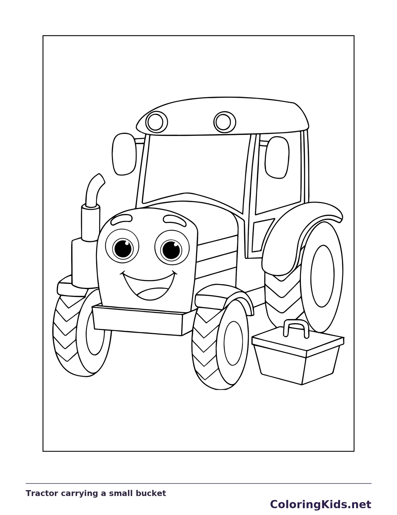 Black and white printable tractor carrying a small bucket coloring sheet