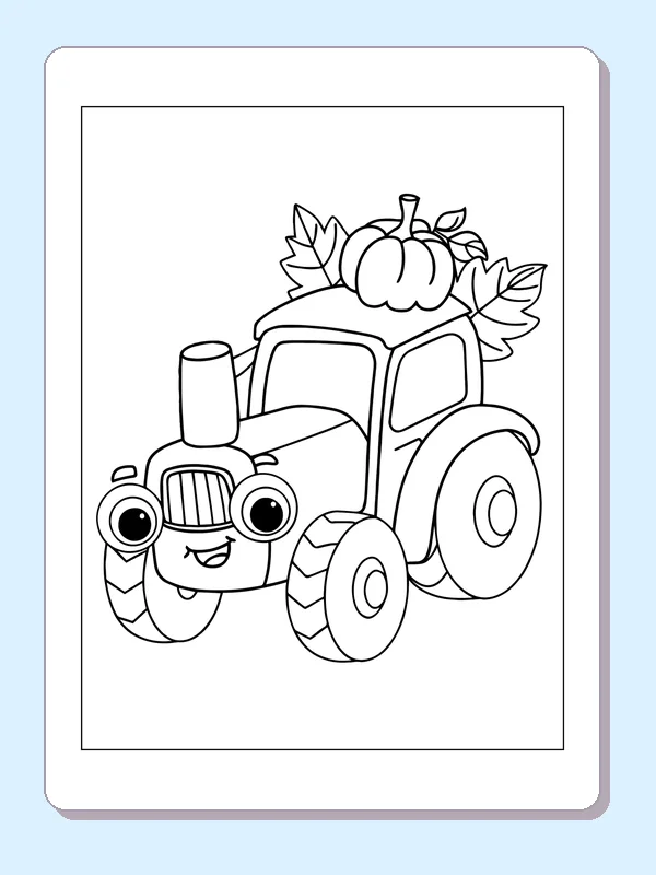 Black and white printable tractor carrying harvested fruit coloring sheet