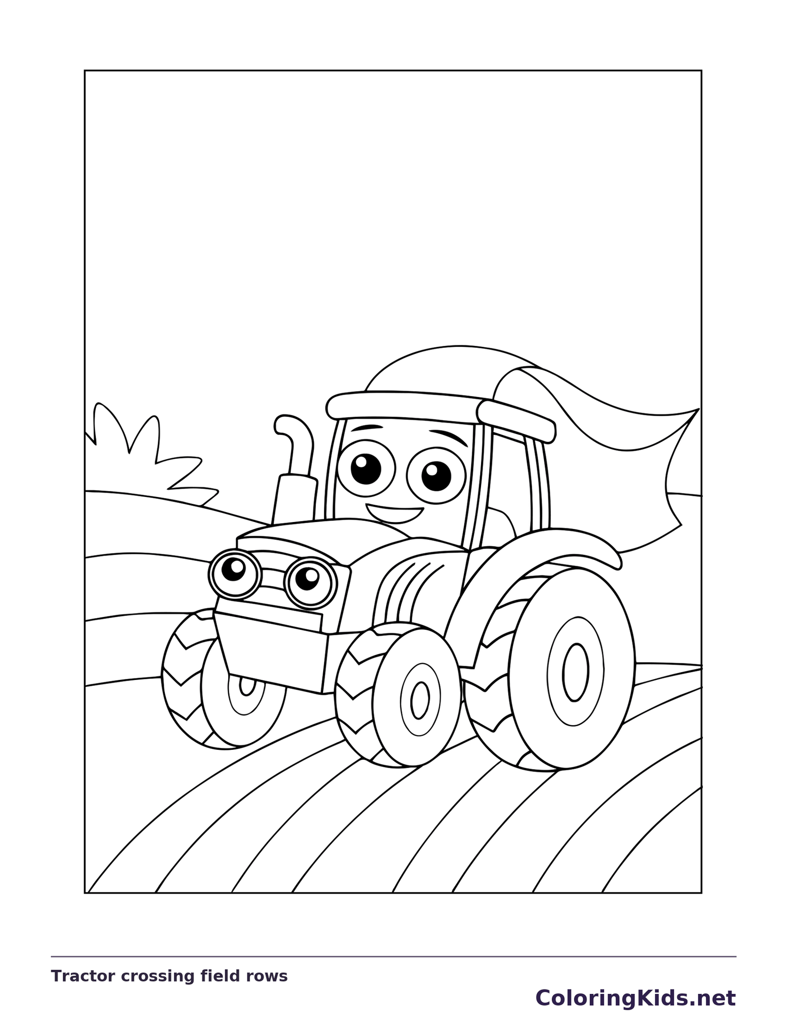 Black and white printable tractor crossing field rows coloring sheet