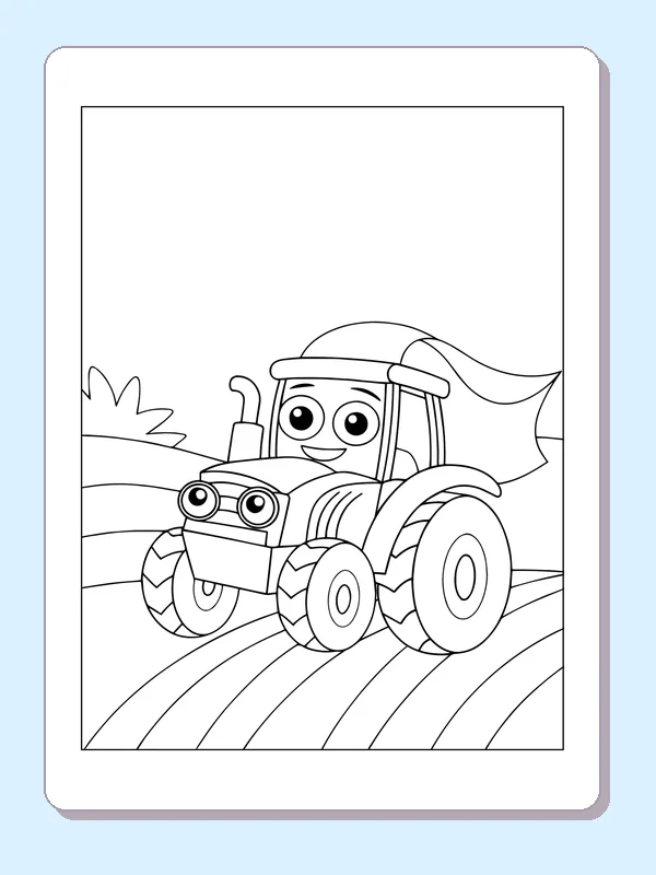 Black and white printable tractor crossing field rows coloring sheet