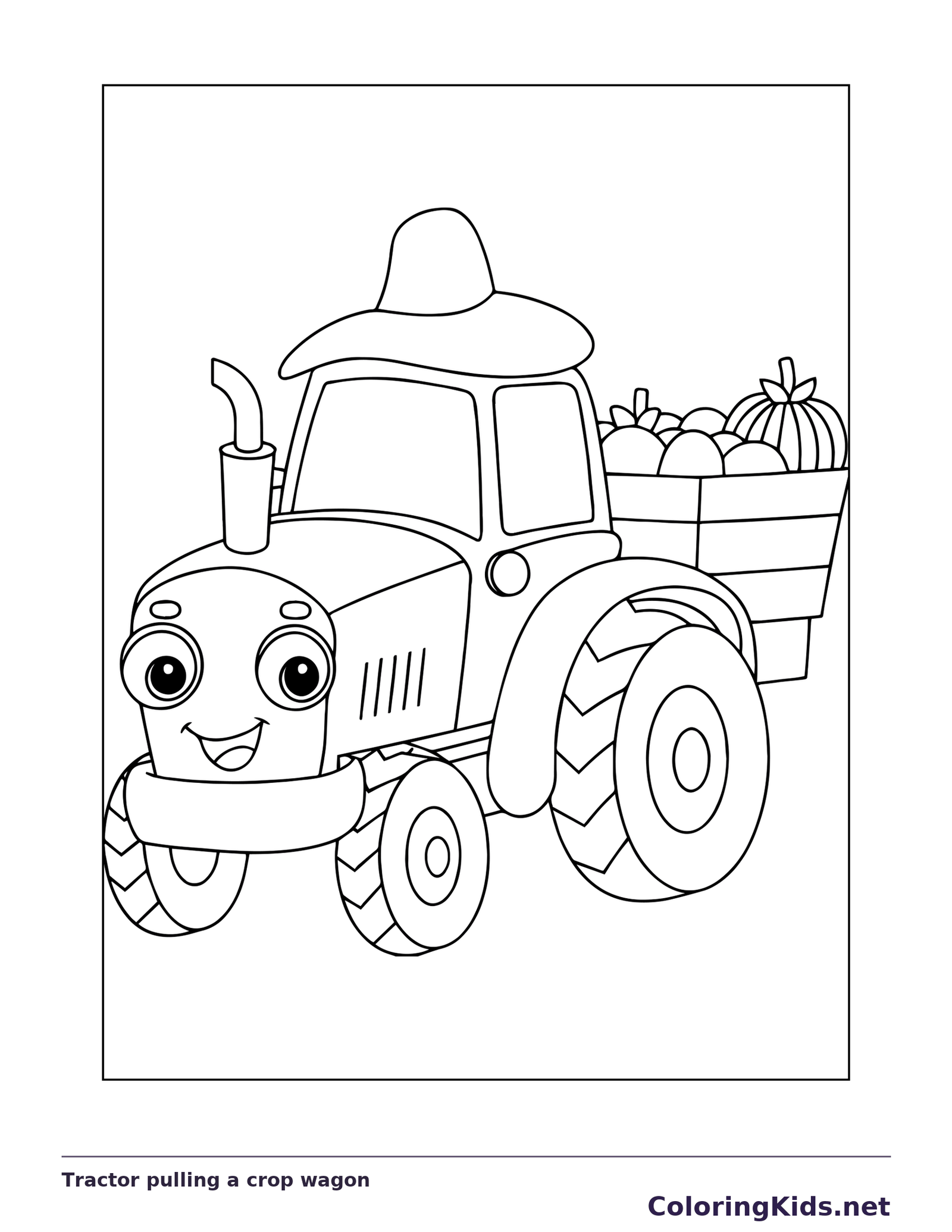 Black and white printable tractor pulling a crop wagon coloring sheet