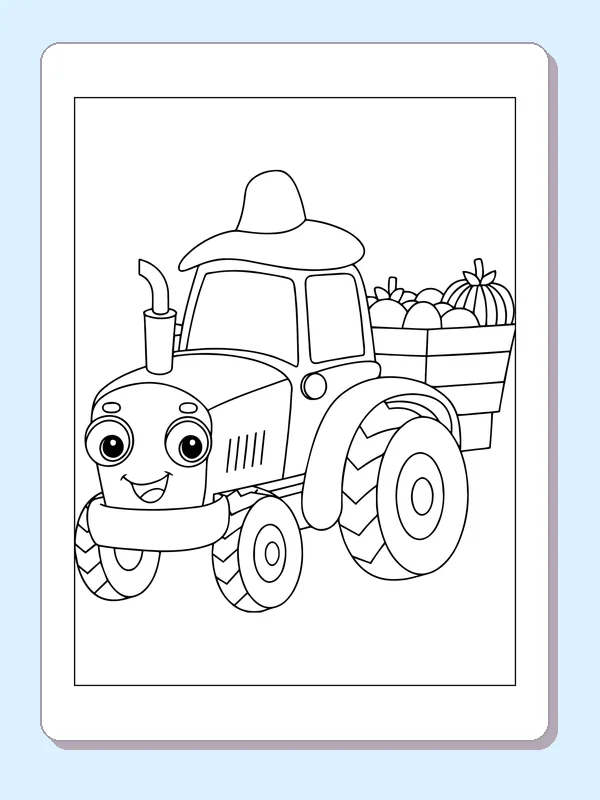 Black and white printable tractor pulling a crop wagon coloring sheet