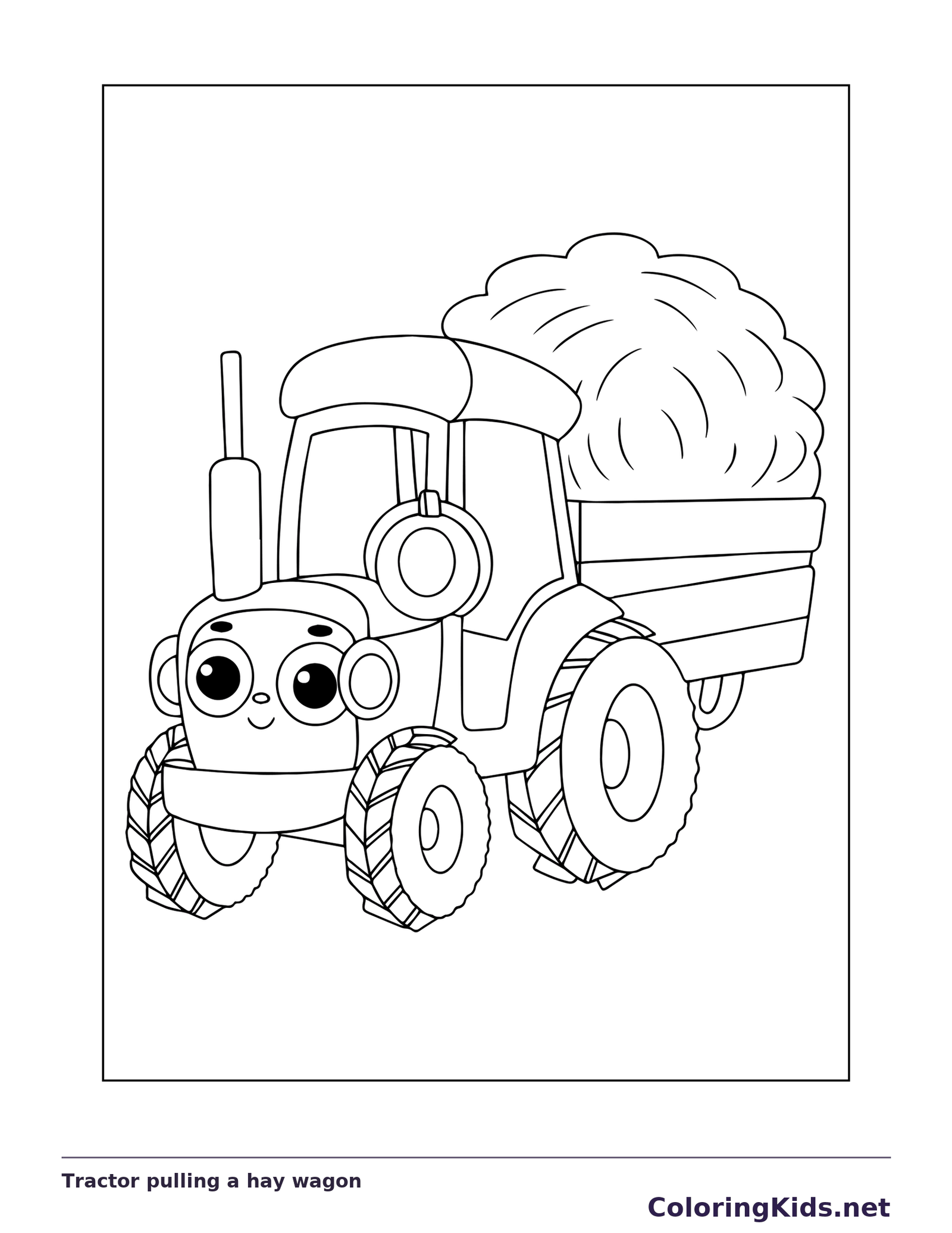 Black and white printable tractor pulling a hay wagon coloring sheet