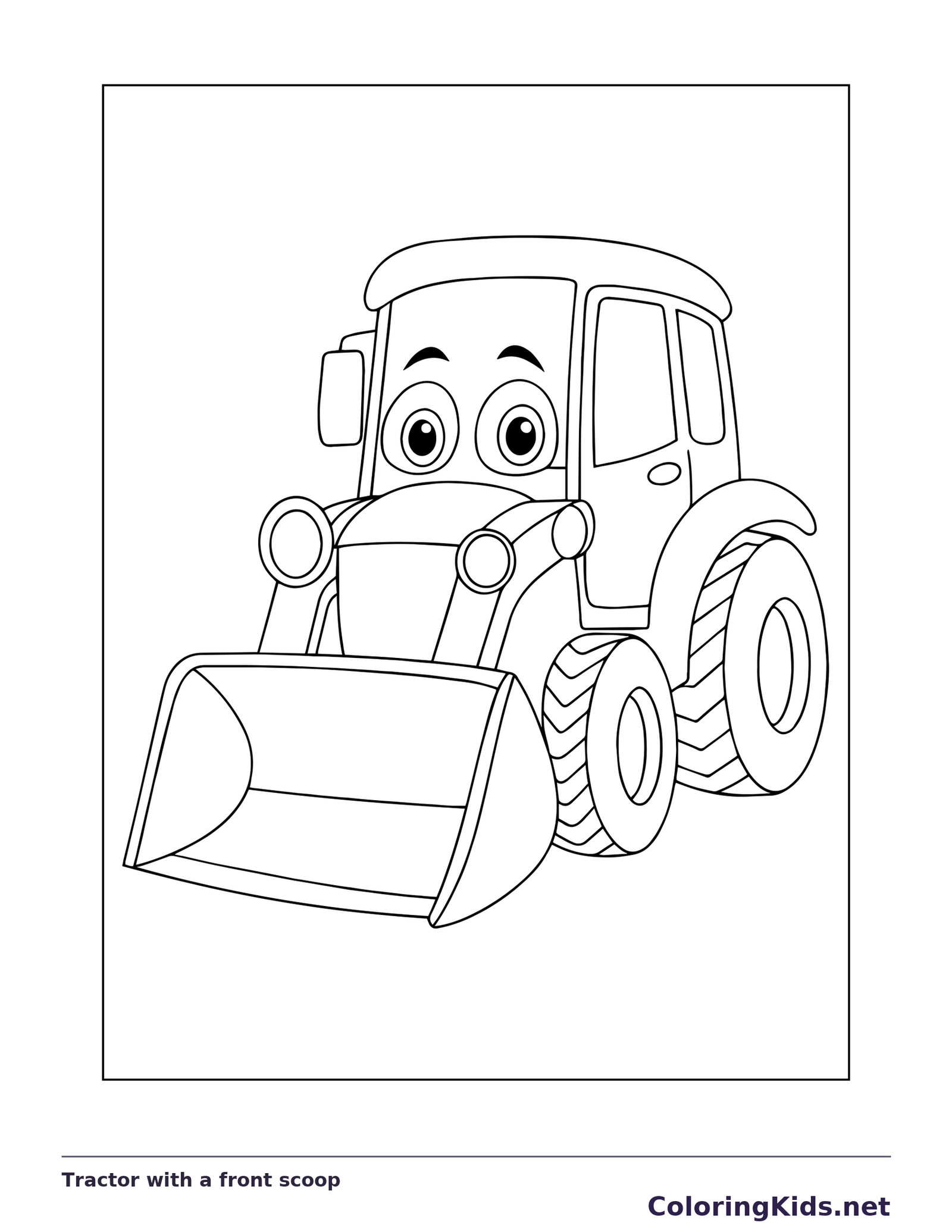 Black and white printable tractor with a front scoop coloring sheet