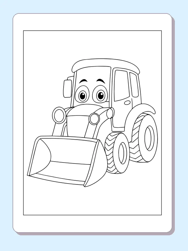 Black and white printable tractor with a front scoop coloring sheet