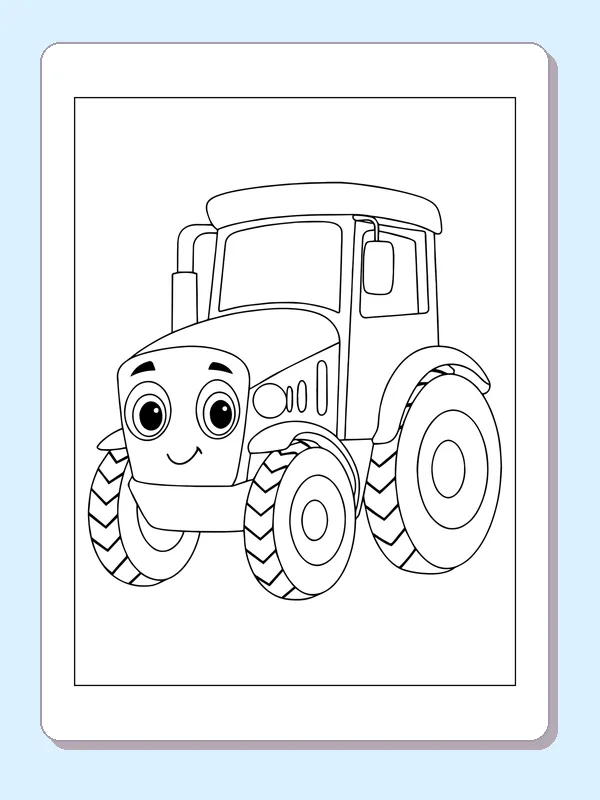 Black and white printable tractor with a tall cab coloring sheet