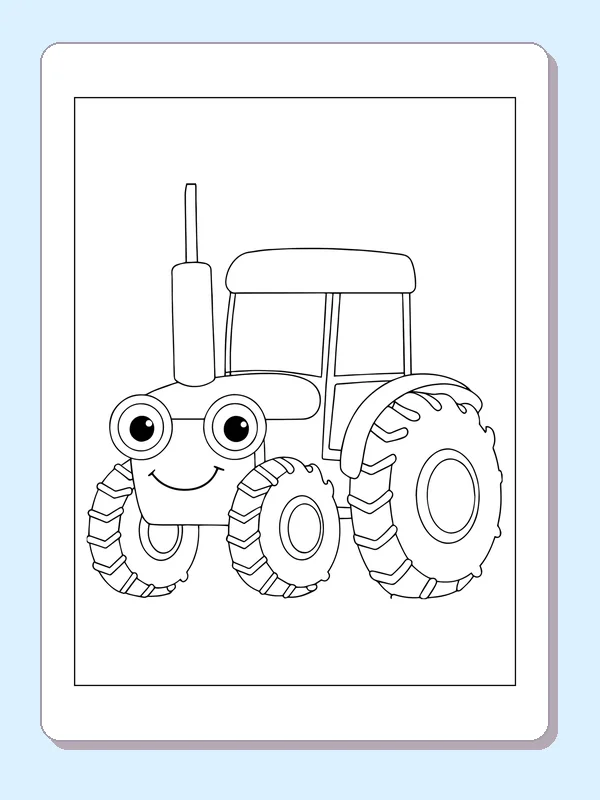 Black and white printable tractor with a wide rear wheel coloring sheet