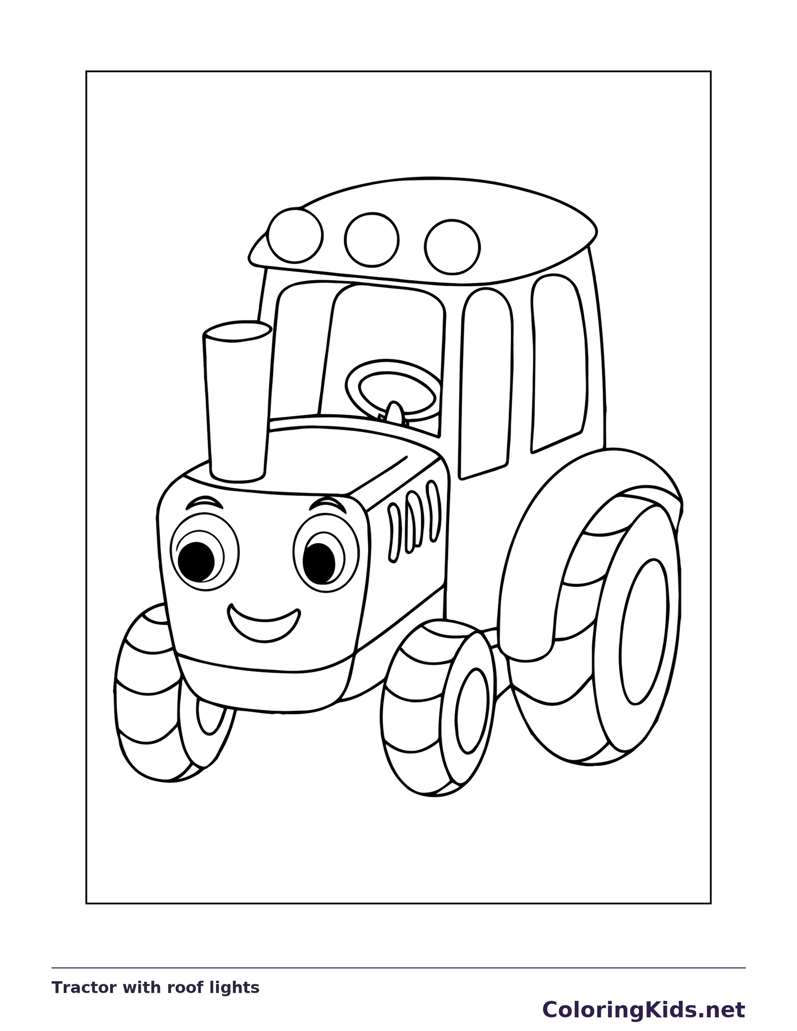 Black and white printable tractor with roof lights coloring sheet