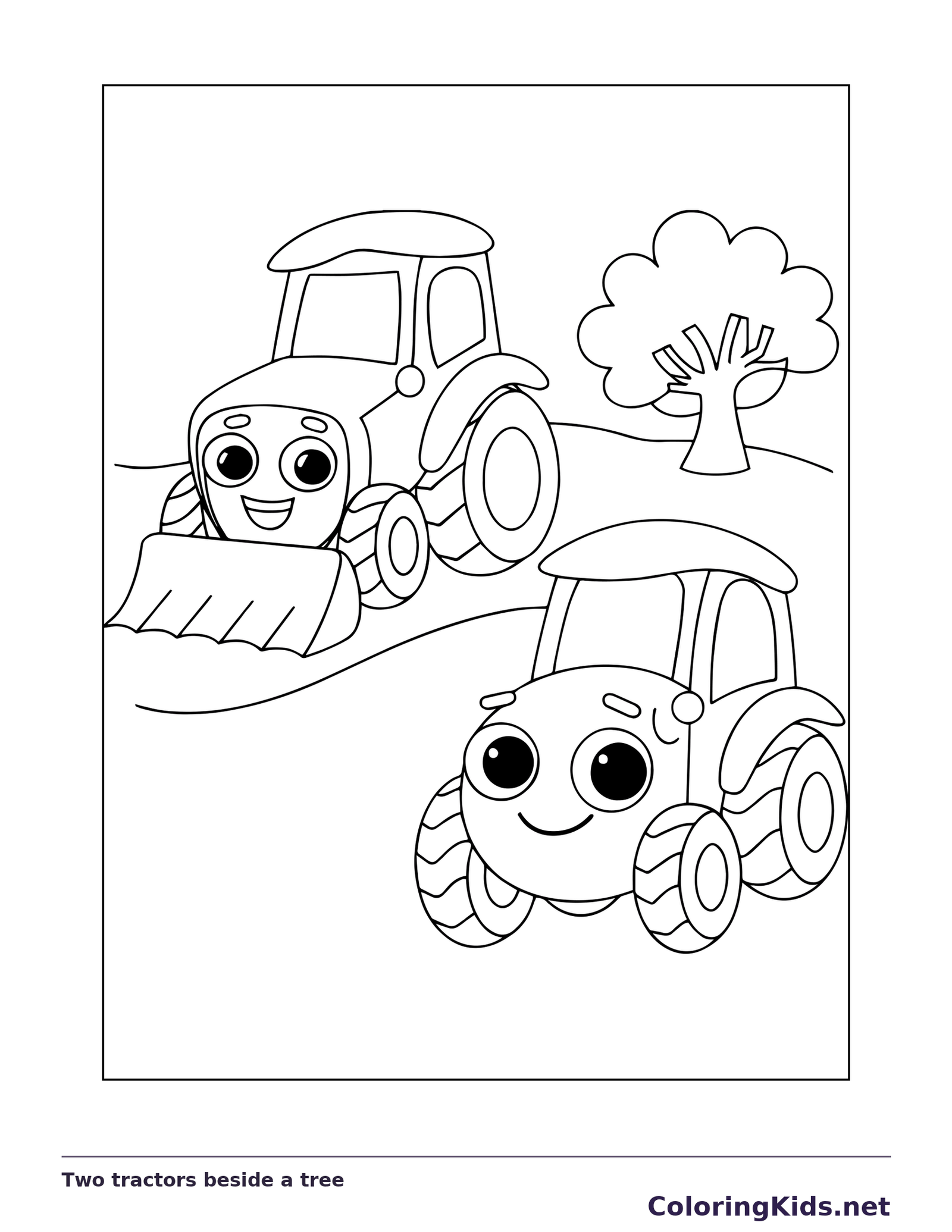 Black and white printable two tractors beside a tree coloring sheet