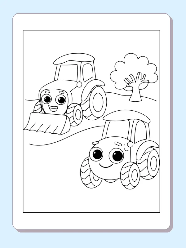 Black and white printable two tractors beside a tree coloring sheet
