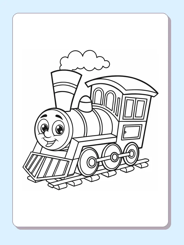 Close-Up Steam Engine coloring page with a smiling steam engine and bold black outlines