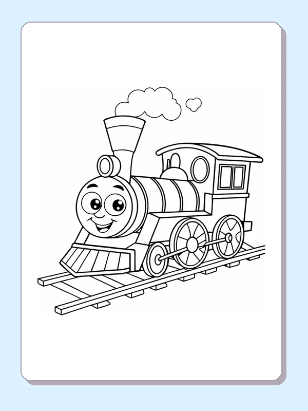 Engine beneath a Heart Cloud coloring page with a smiling steam engine and bold black outlines