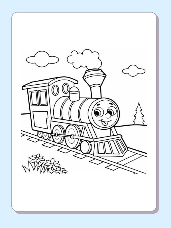 Engine beside a Flower Patch coloring page with a smiling steam engine and bold black outlines