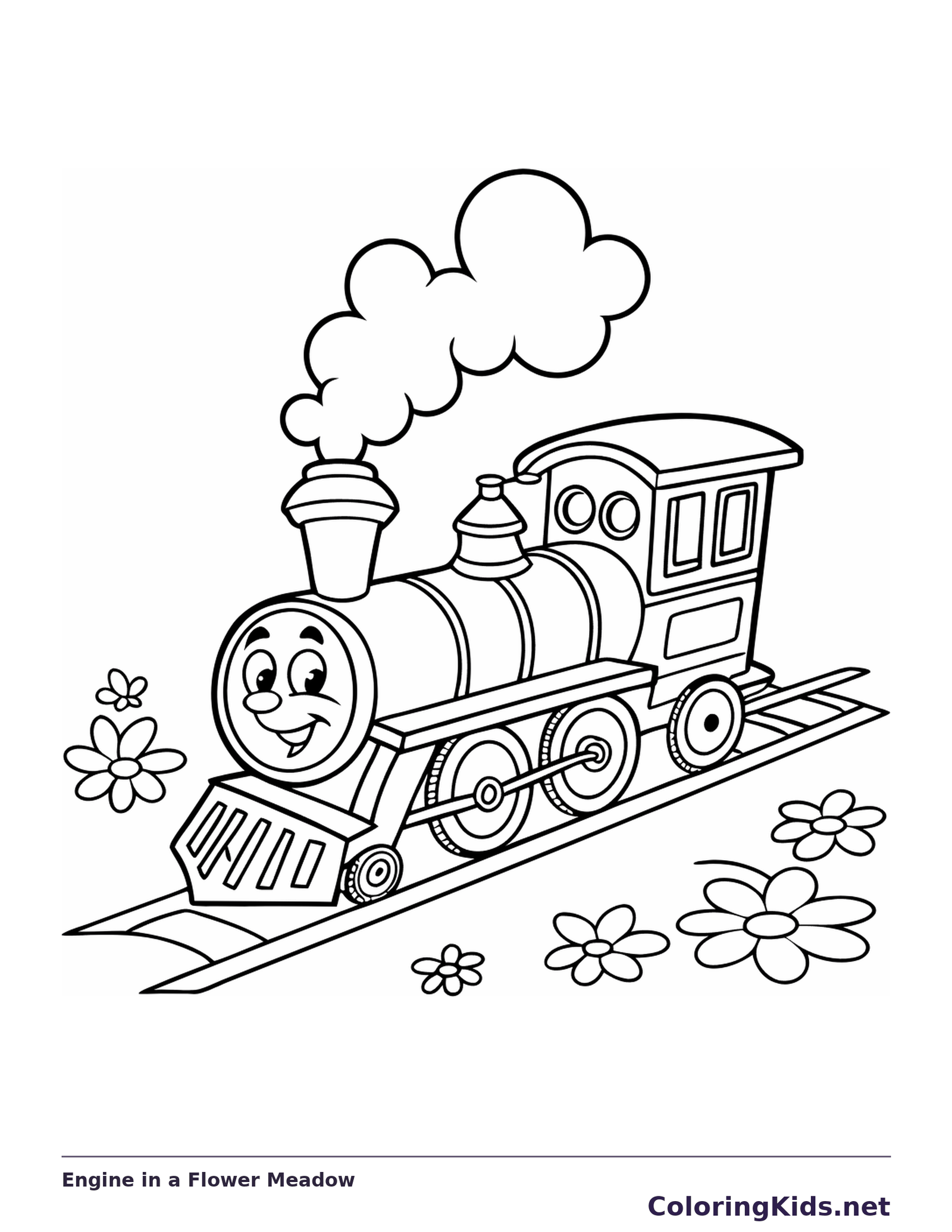 Engine in a Flower Meadow coloring page with a smiling steam engine and bold black outlines