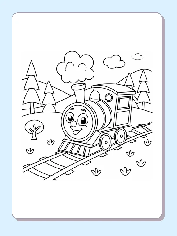 Steam Engine in a Pine Grove coloring page with a smiling steam engine and bold black outlines