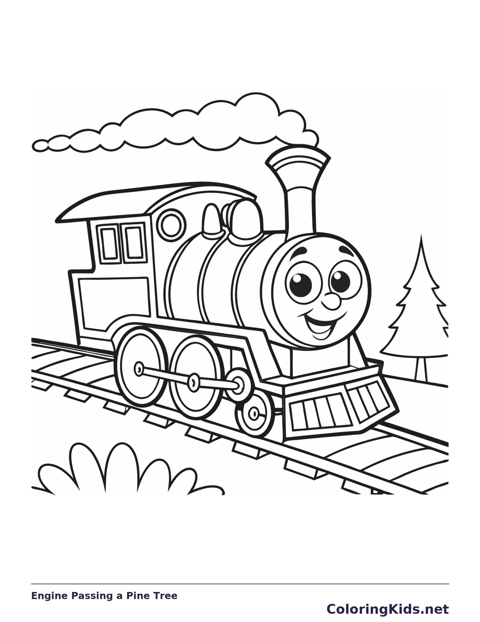 Engine Passing a Pine Tree coloring page with a smiling steam engine and bold black outlines