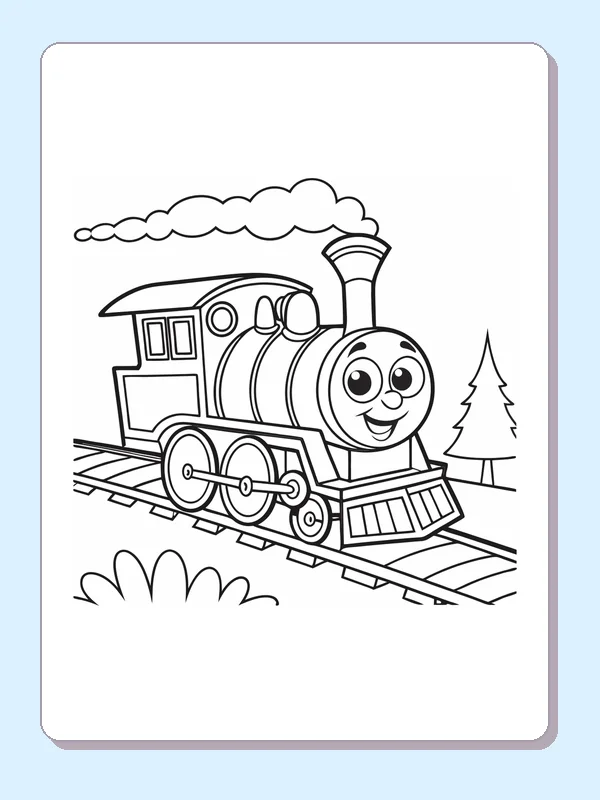 Engine Passing a Pine Tree coloring page with a smiling steam engine and bold black outlines