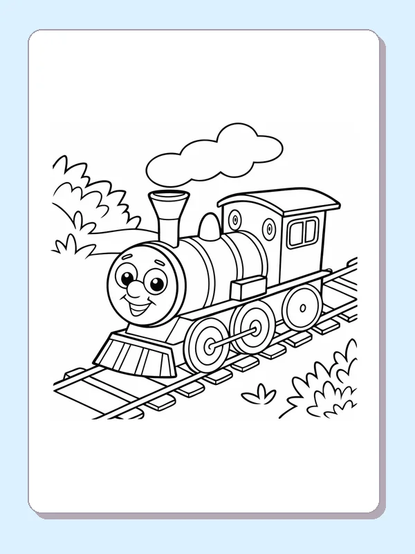 Engine Rounding a Bushy Bend coloring page with a smiling steam engine and bold black outlines