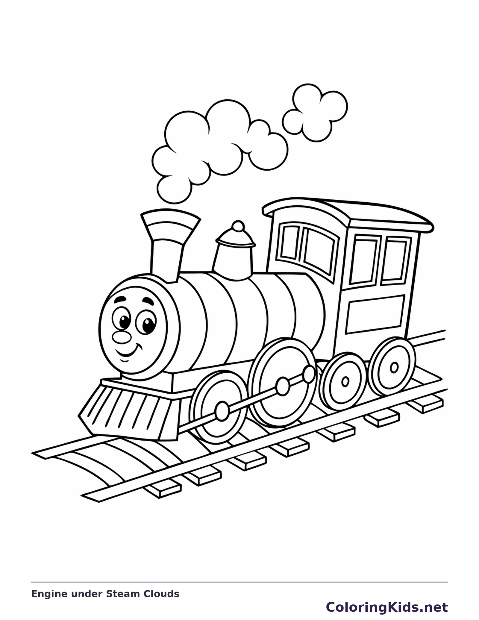 Engine under Steam Clouds coloring page with a smiling steam engine and bold black outlines