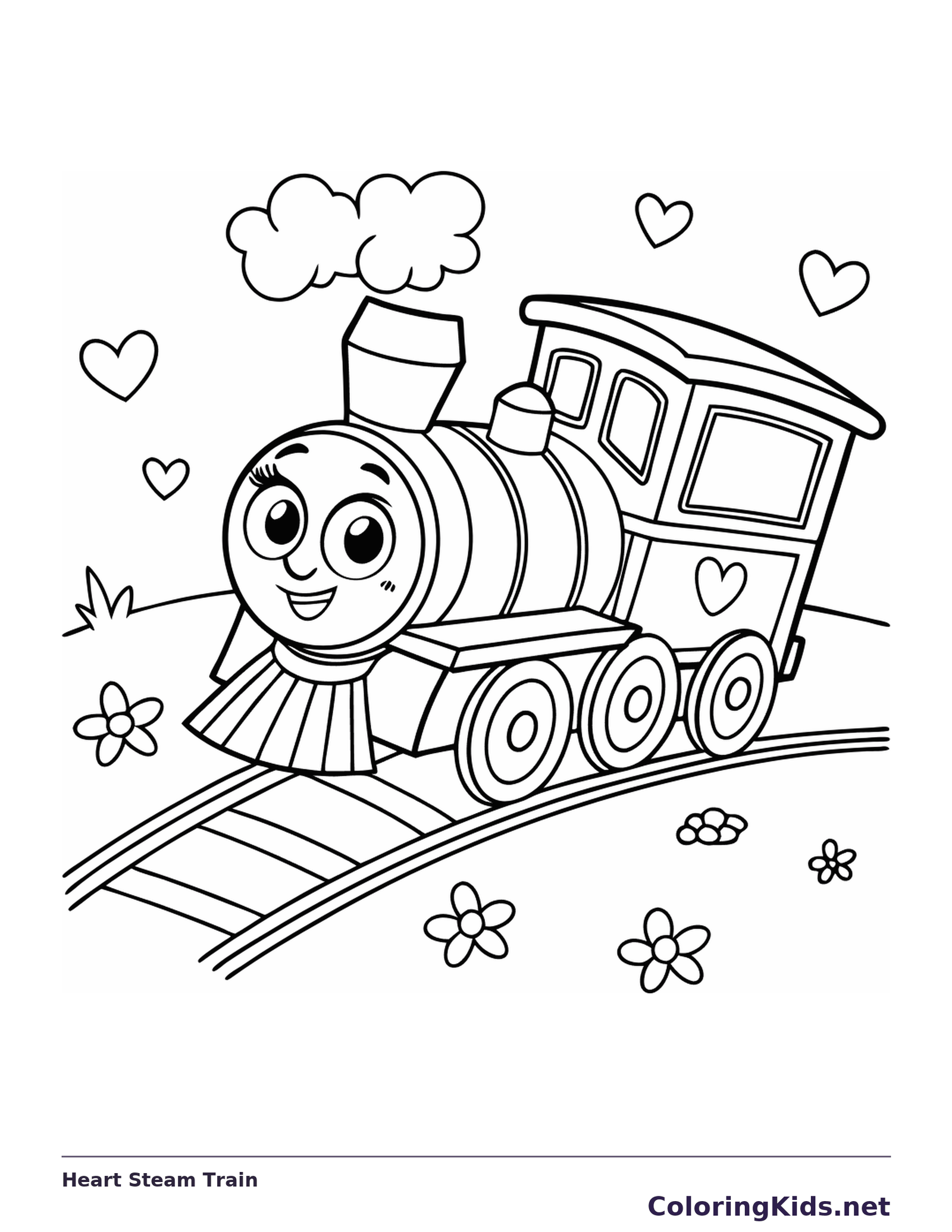 Heart Steam Train coloring page with a smiling steam engine and bold black outlines