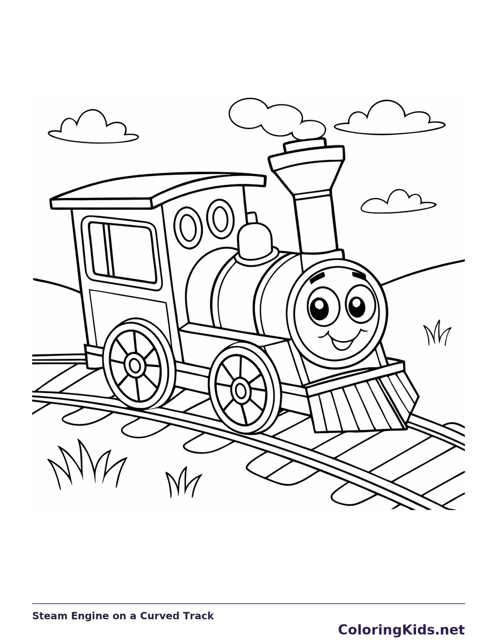 Steam Engine on a Curved Track coloring page | ColoringKids.net
