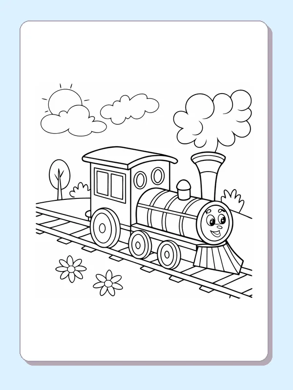 Sunny Train Ride coloring page with a smiling steam engine and bold black outlines