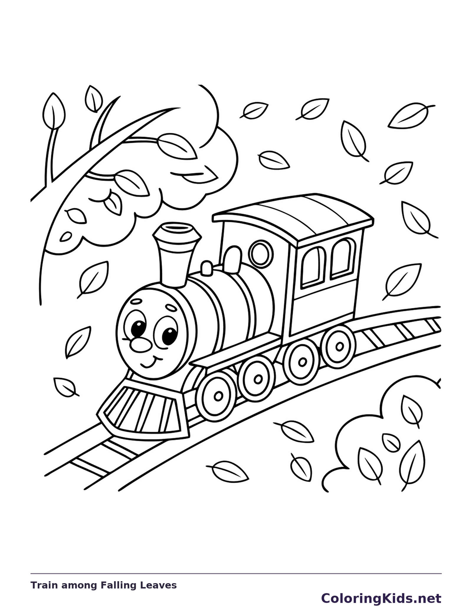 Falling Pbones Train among Falling Leaves coloring page | ColoringKids.net