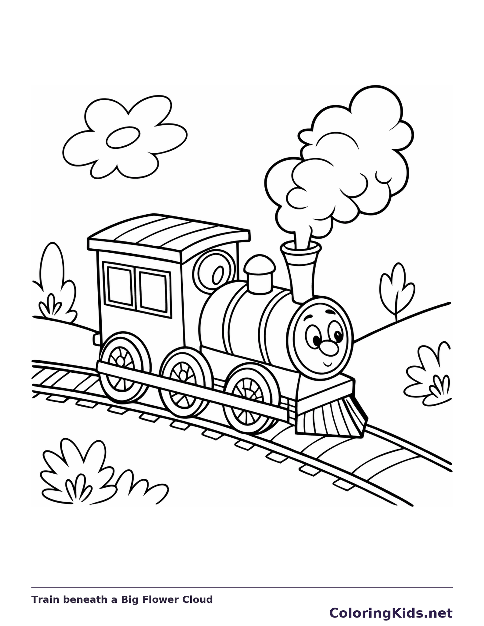 Train beneath a Big Flower Cloud coloring page with a smiling steam engine and bold black outlines