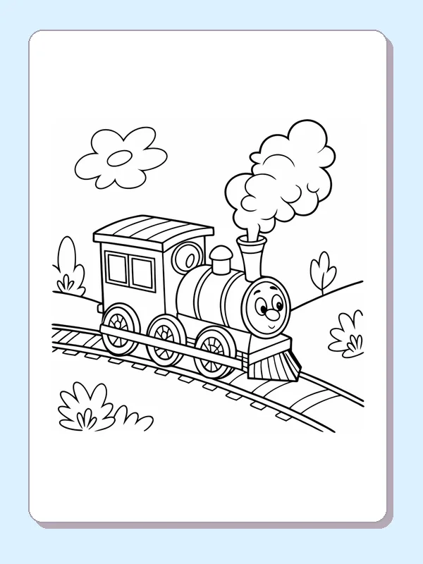 Train beneath a Big Flower Cloud coloring page with a smiling steam engine and bold black outlines