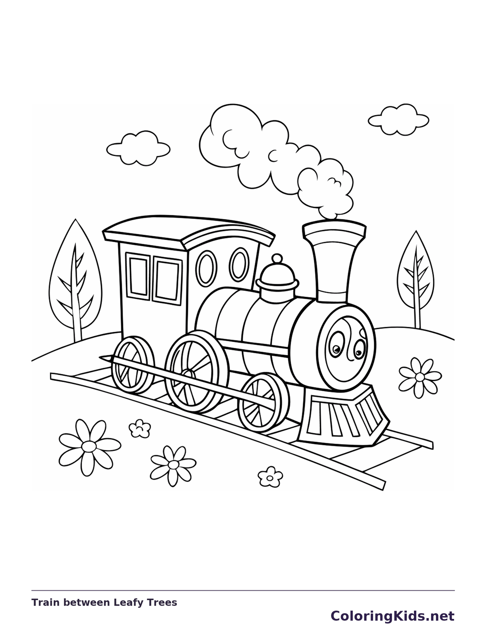 Train between Leafy Trees coloring page with a smiling steam engine and bold black outlines