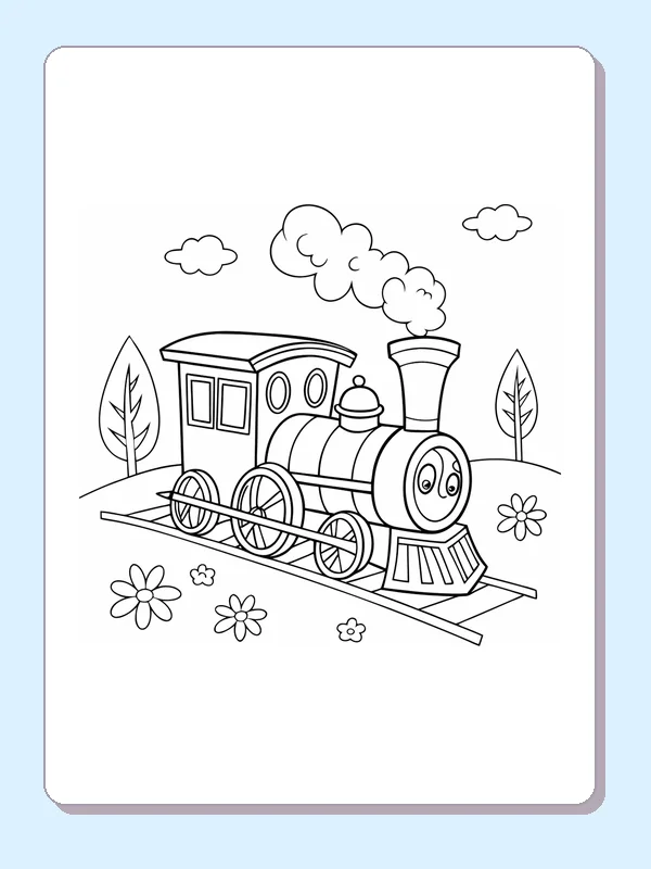 Train between Leafy Trees coloring page with a smiling steam engine and bold black outlines