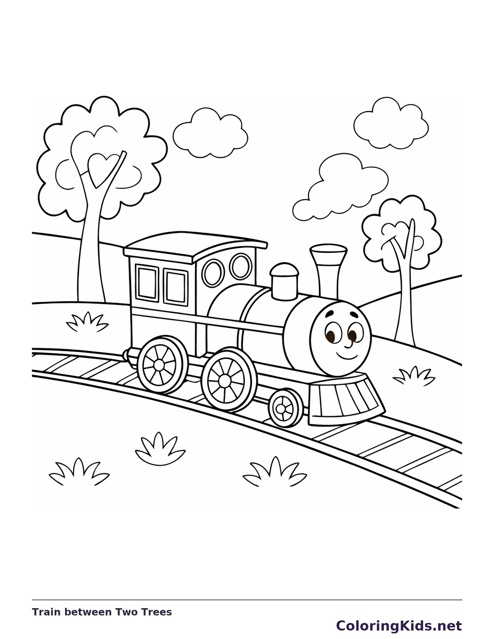 Train between Two Trees coloring page with a smiling steam engine and bold black outlines