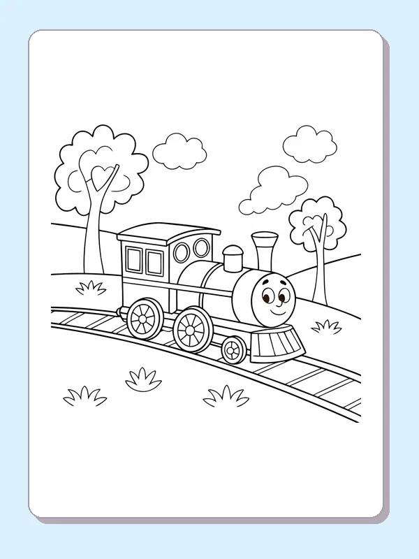 Train between Two Trees coloring page with a smiling steam engine and bold black outlines