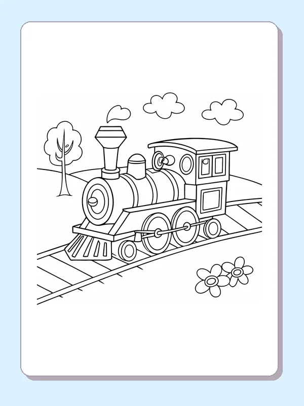 Train by a Tree and Flowers coloring page with a smiling steam engine and bold black outlines