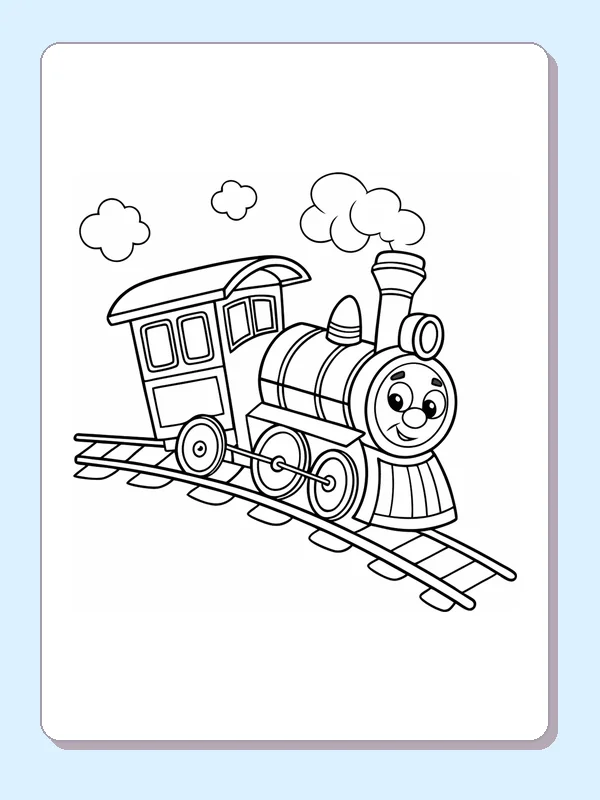 Train on a Sloping Rail coloring page with a smiling steam engine and bold black outlines