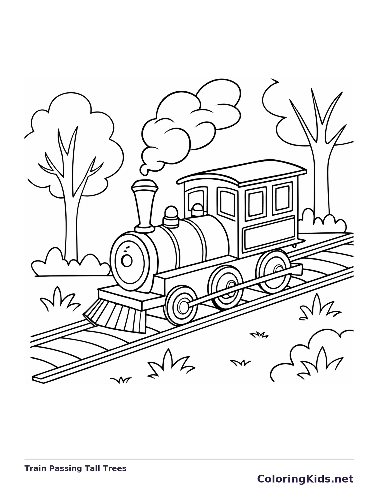 Train Passing Tall Trees coloring page with a smiling steam engine and bold black outlines