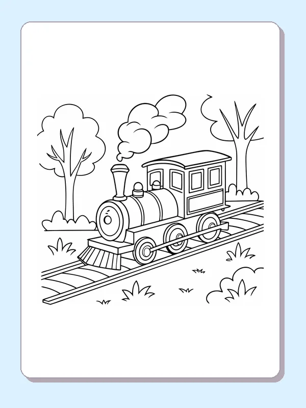 Train Passing Tall Trees coloring page with a smiling steam engine and bold black outlines