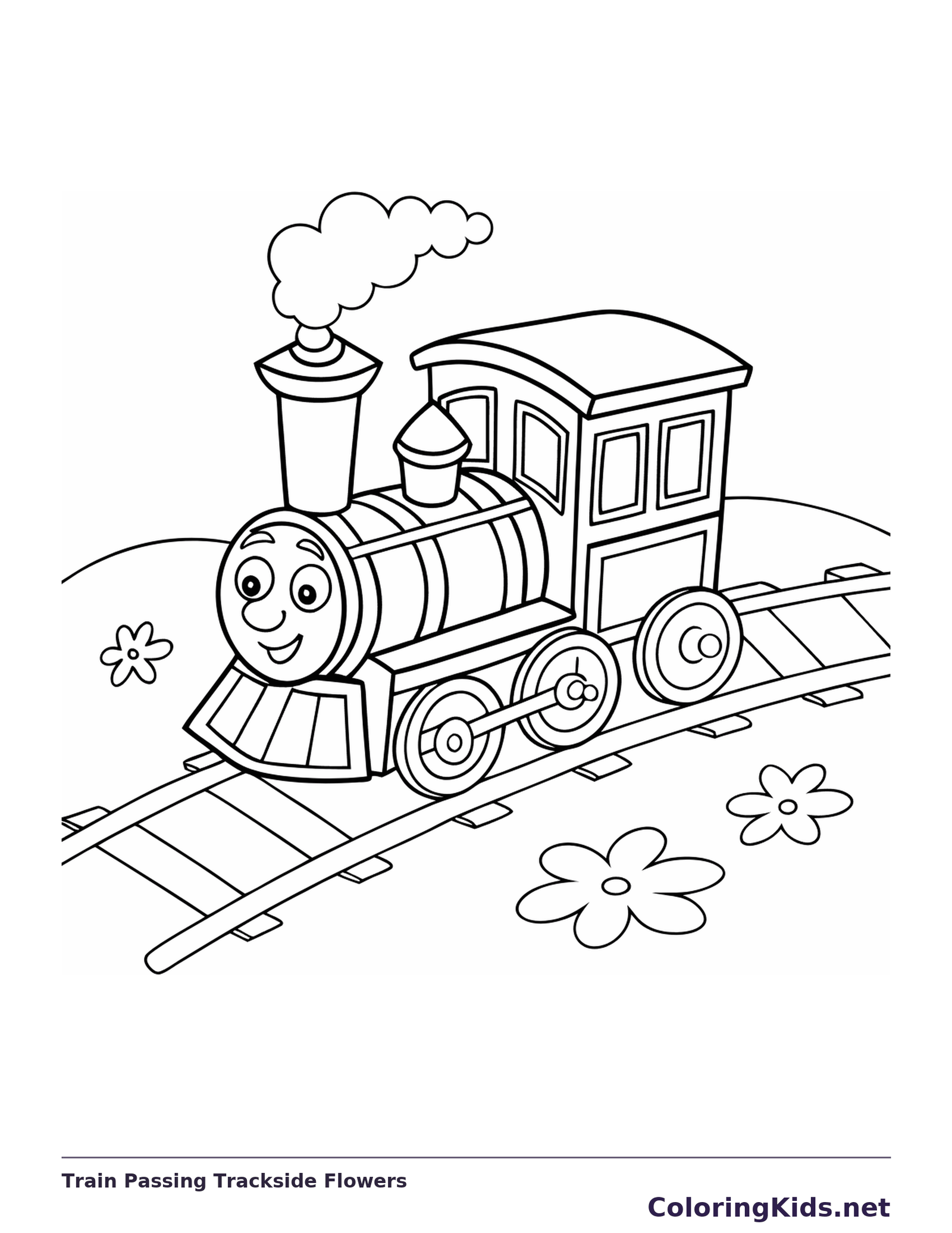 Train Passing Trackside Flowers coloring page with a smiling steam engine and bold black outlines