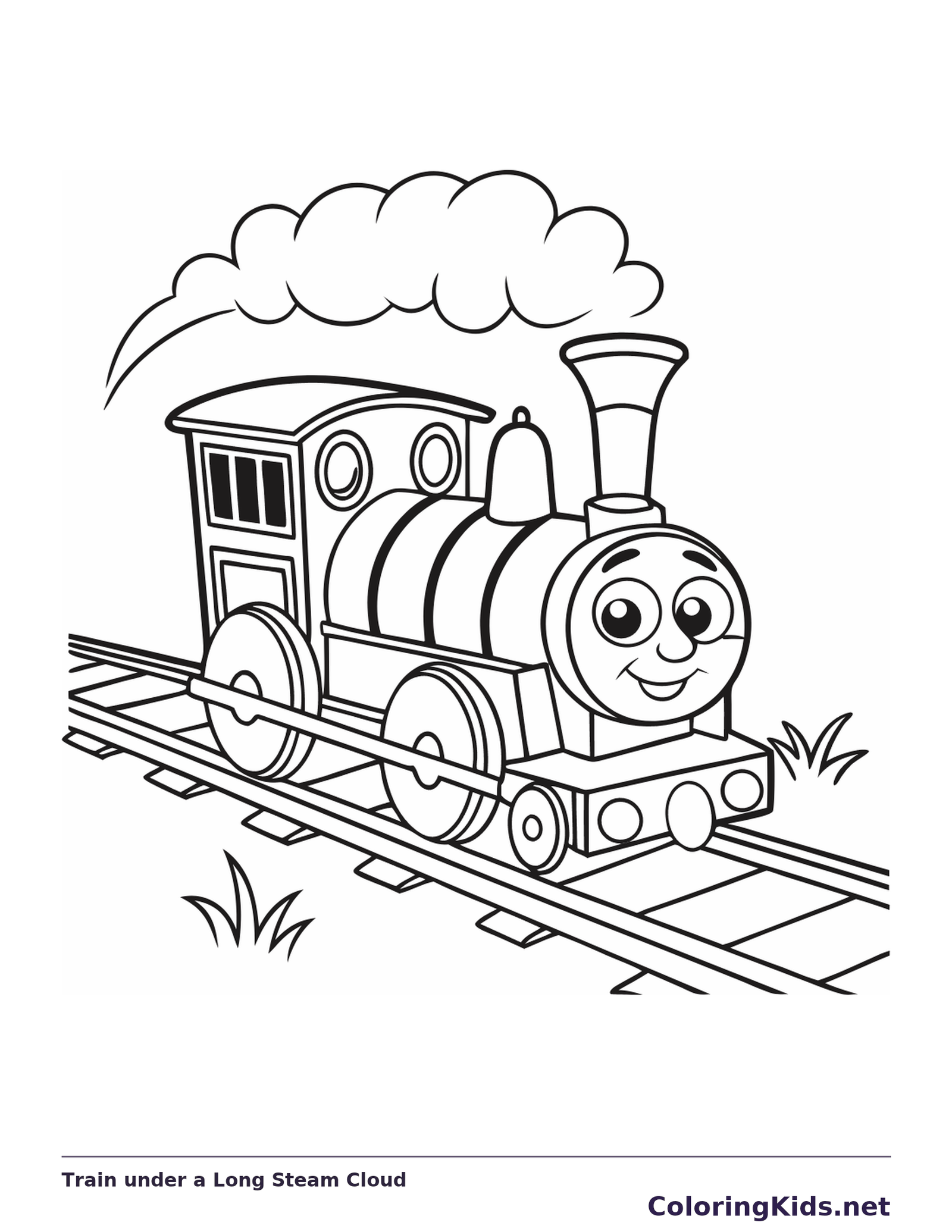 Train under a Long Steam Cloud coloring page with a smiling steam engine and bold black outlines
