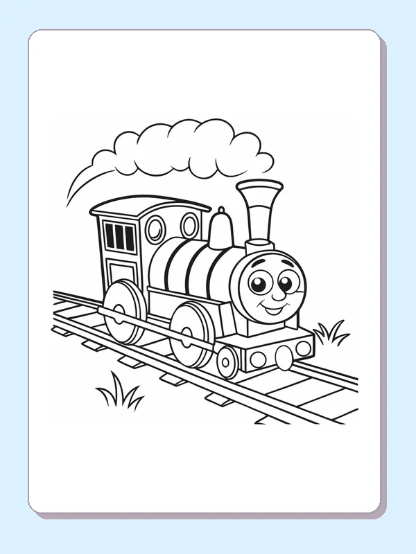 Train under a Long Steam Cloud coloring page with a smiling steam engine and bold black outlines