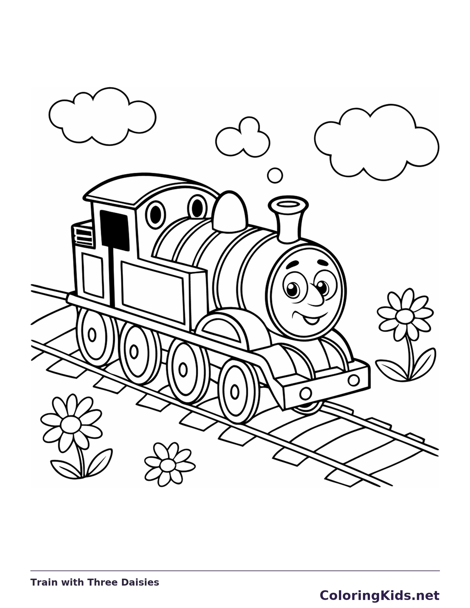 Train with Three Daisies coloring page with a smiling steam engine and bold black outlines