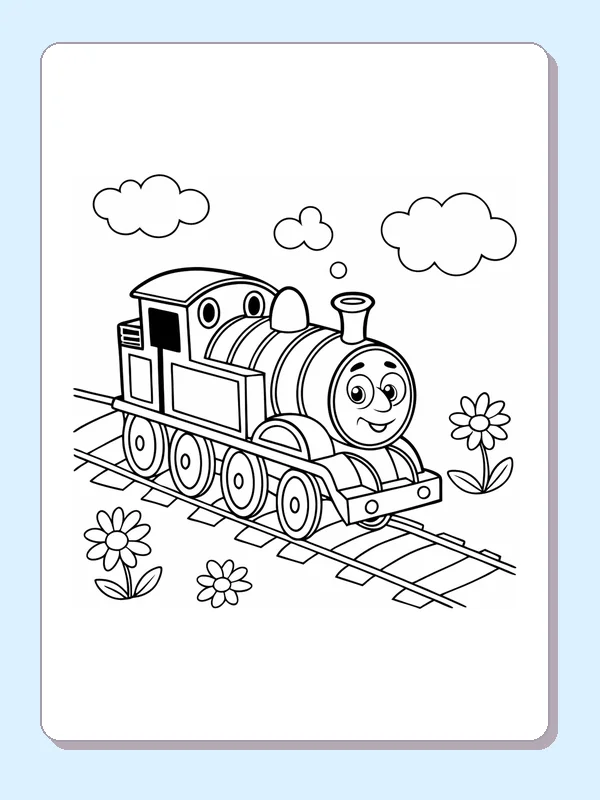 Train with Three Daisies coloring page with a smiling steam engine and bold black outlines