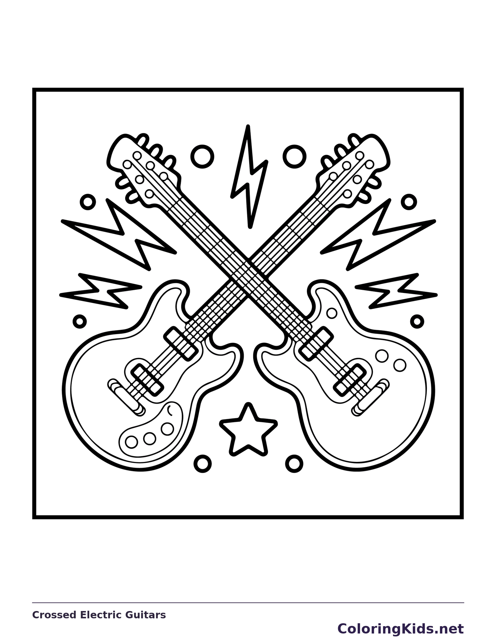 Two crossed electric guitars with lightning shapes and stars