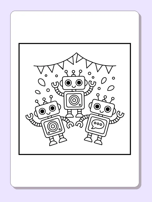 Three dancing robots beneath a string of triangular party flags