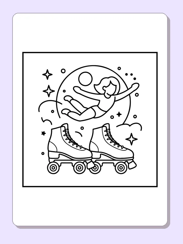 Floating figure above two roller skates inside a round starry frame